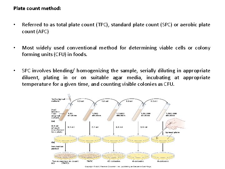 Plate count method: • Referred to as total plate count (TPC), standard plate count