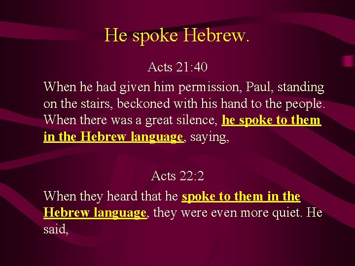 He spoke Hebrew. Acts 21: 40 When he had given him permission, Paul, standing