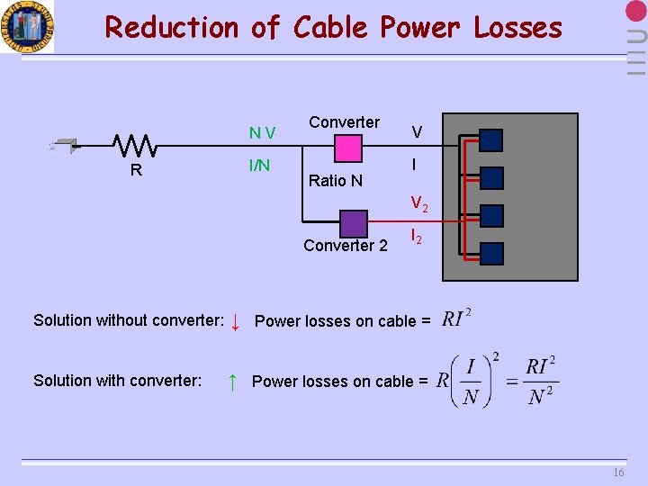 Reduction of Cable Power Losses N V R I/N Converter Ratio N V I