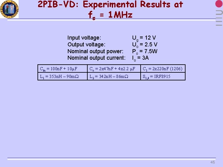 2 PIB-VD: Experimental Results at fs = 1 MHz Input voltage: Output voltage: Nominal