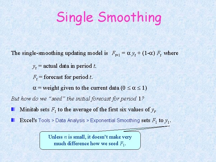 Single Smoothing The single-smoothing updating model is Ft+1 = a yt + (1 -a)
