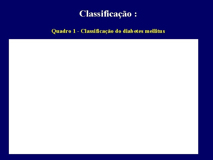 Classificação : Quadro 1 - Classificação do diabetes mellitus 