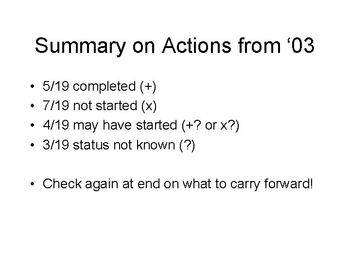 Summary on Actions from ‘ 03 • • 5/19 completed (+) 7/19 not started