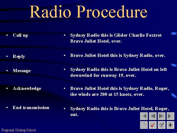 Radio Procedure • Call up • Sydney Radio this is Glider Charlie Foxtrot Bravo