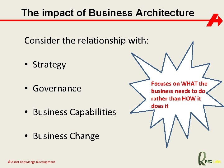 The impact of Business Architecture Consider the relationship with: • Strategy • Governance •