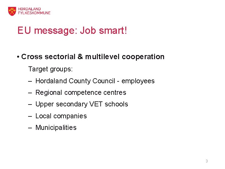 EU message: Job smart! • Cross sectorial & multilevel cooperation Target groups: – Hordaland