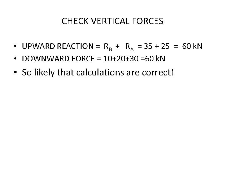 CHECK VERTICAL FORCES • UPWARD REACTION = RB + RA = 35 + 25