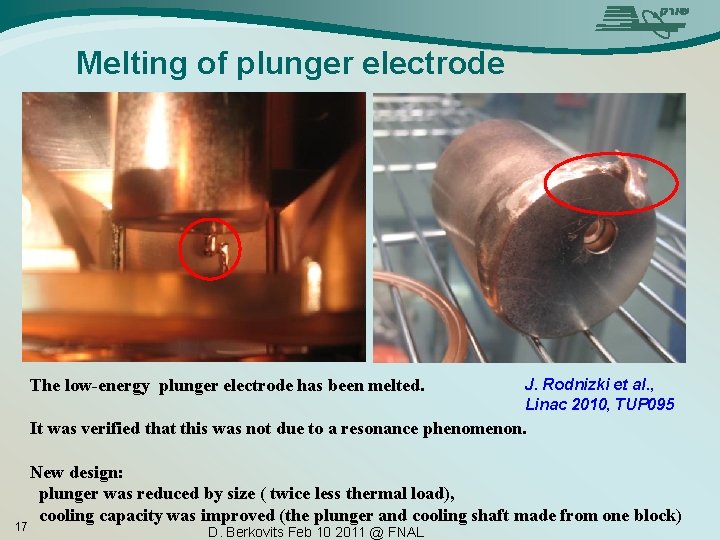 Melting of plunger electrode The low-energy plunger electrode has been melted. J. Rodnizki et