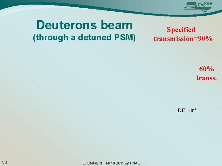 Deuterons beam (through a detuned PSM) Specified transmission=90% 60% transs. DF=10 -4 23 D.