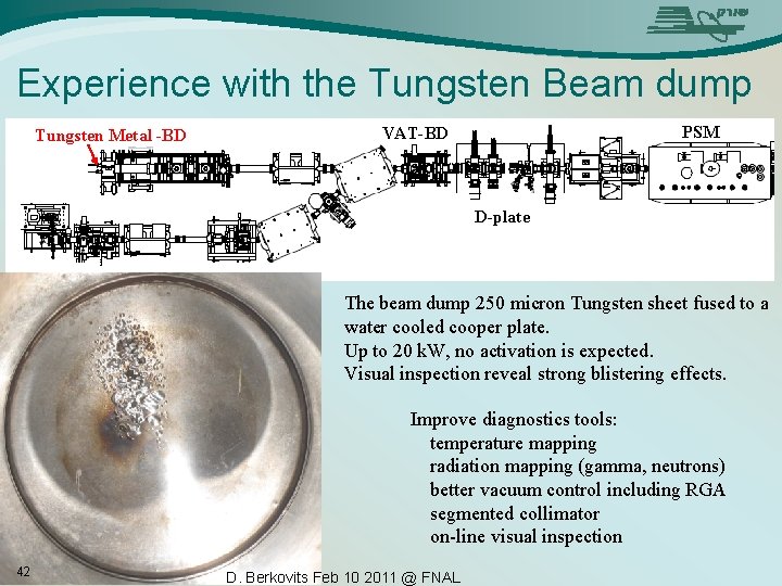 Experience with the Tungsten Beam dump Tungsten Metal -BD PSM VAT-BD D-plate The beam