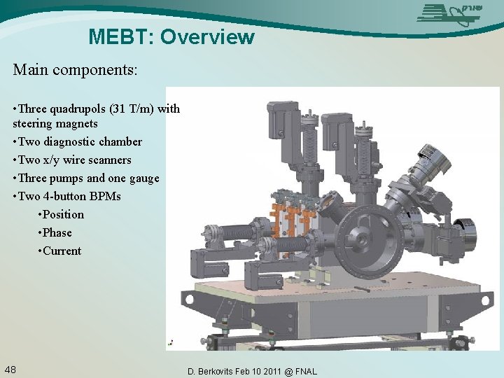 MEBT: Overview Main components: • Three quadrupols (31 T/m) with steering magnets • Two