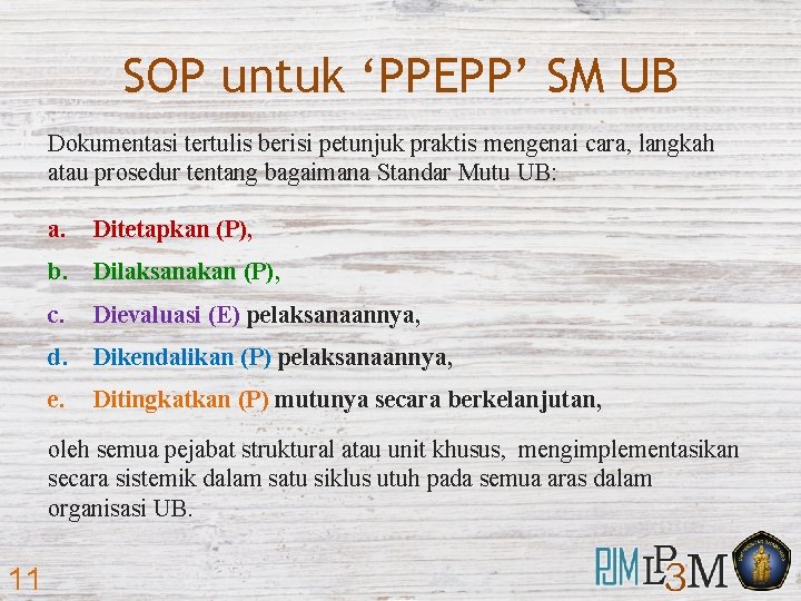 SOP untuk ‘PPEPP’ SM UB Dokumentasi tertulis berisi petunjuk praktis mengenai cara, langkah atau