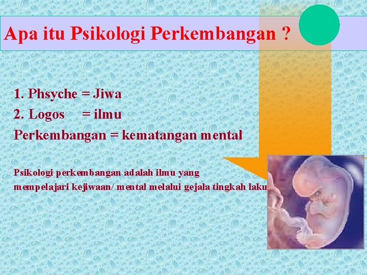 Apa itu Psikologi Perkembangan ? 1. Phsyche = Jiwa 2. Logos = ilmu Perkembangan