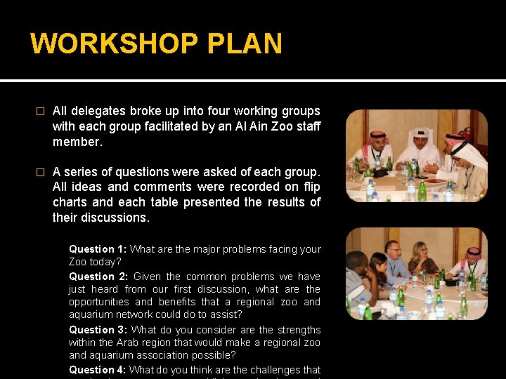WORKSHOP PLAN � All delegates broke up into four working groups with each group