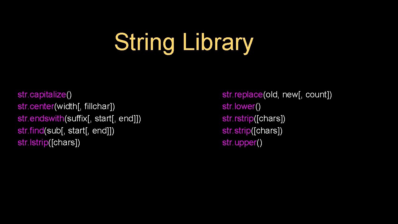 String Library str. capitalize() str. center(width[, fillchar]) str. endswith(suffix[, start[, end]]) str. find(sub[, start[,