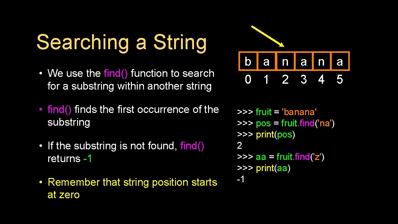 Searching a String • We use the find() function to search for a substring
