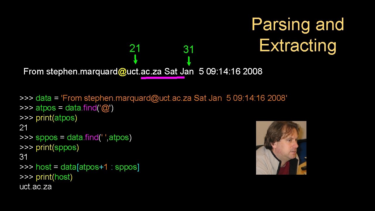 21 31 Parsing and Extracting From stephen. marquard@uct. ac. za Sat Jan 5 09: