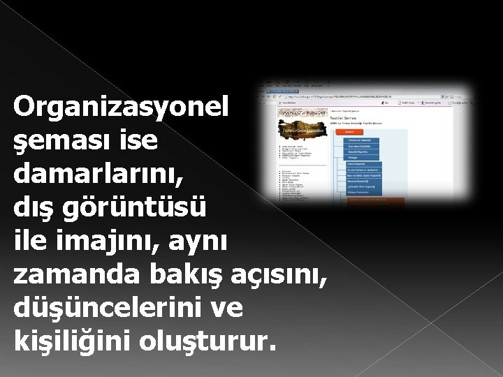 Organizasyonel şeması ise damarlarını, dış görüntüsü ile imajını, aynı zamanda bakış açısını, düşüncelerini ve