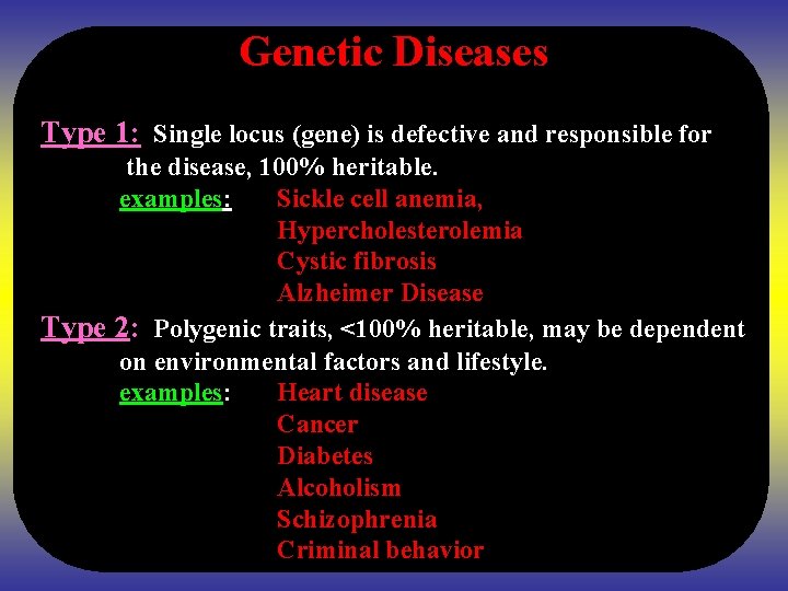 Genetic Diseases Type 1: Single locus (gene) is defective and responsible for the disease,