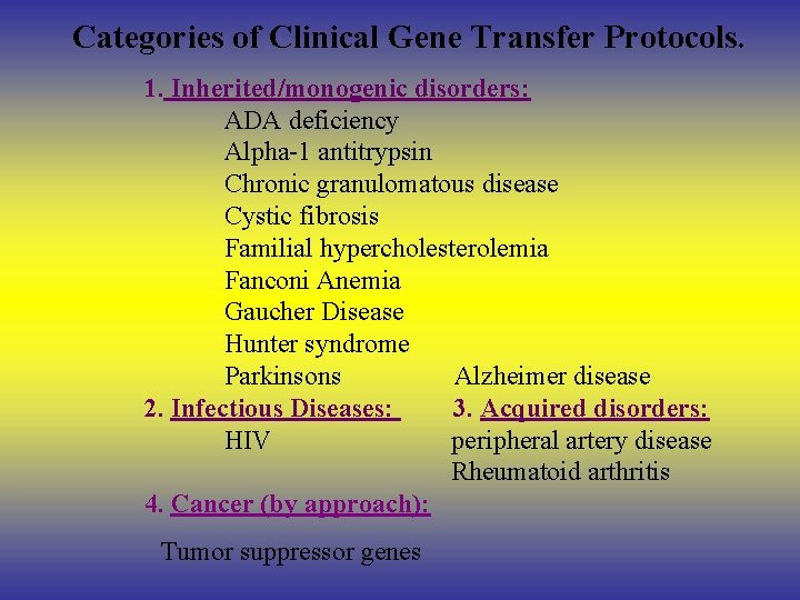 Categories of Clinical Gene Transfer Protocols. 1. Inherited/monogenic disorders: ADA deficiency Alpha-1 antitrypsin Chronic