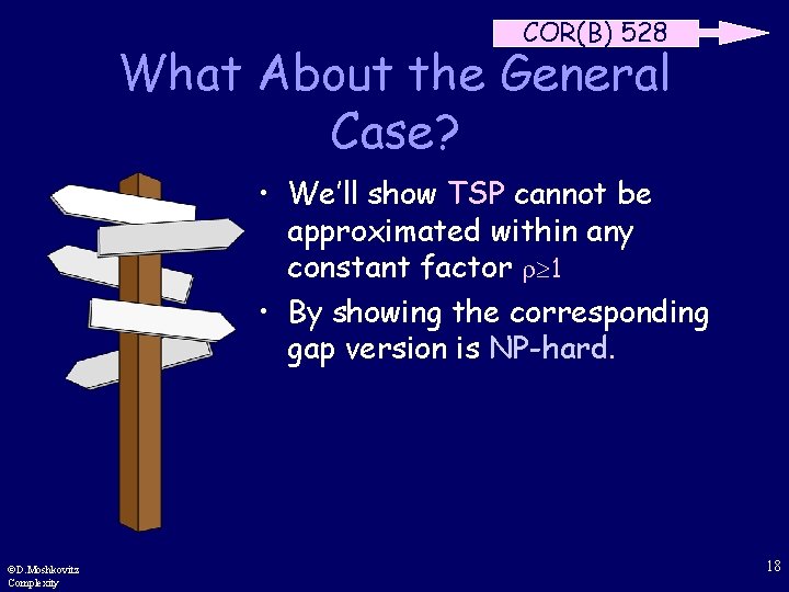 COR(B) 528 What About the General Case? • We’ll show TSP cannot be approximated