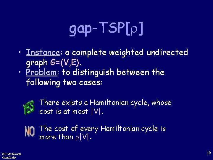 gap-TSP[ ] • Instance: a complete weighted undirected graph G=(V, E). • Problem: to