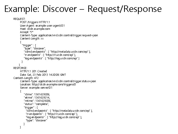 Example: Discover – Request/Response REQUEST: POST /triggers HTTP/1. 1 User-Agent: example-user-agent/0. 1 Host: dcdn.