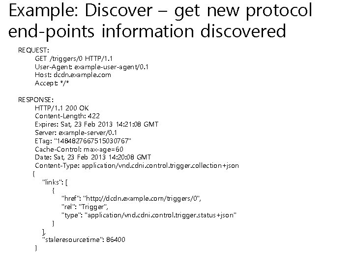 Example: Discover – get new protocol end-points information discovered REQUEST: GET /triggers/0 HTTP/1. 1