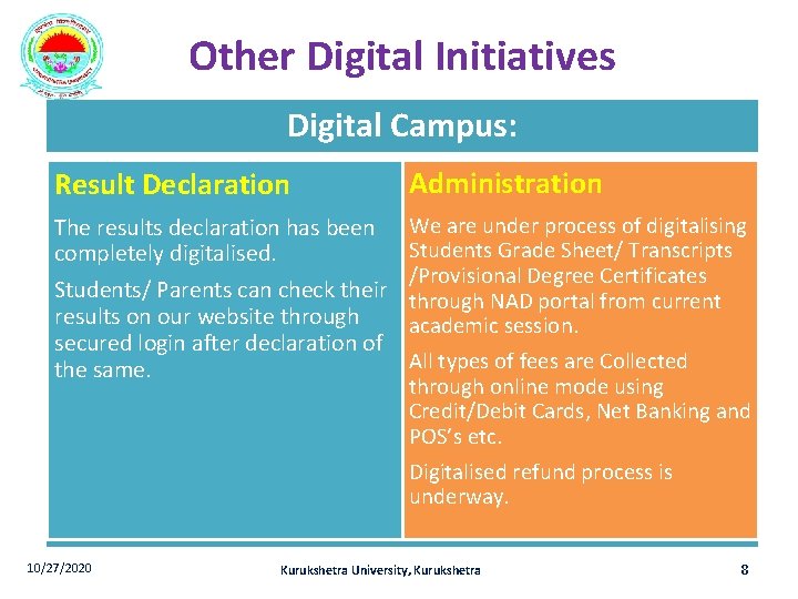 Other Digital Initiatives Digital Campus: Result Declaration Administration The results declaration has been completely