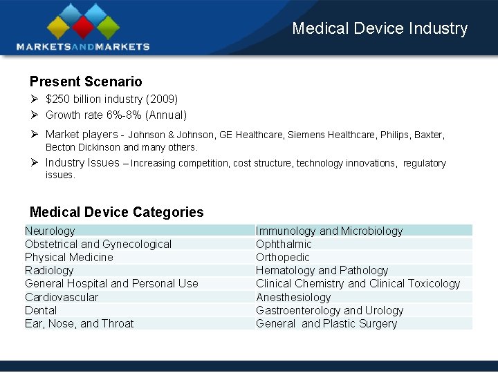 Medical Device Industry Present Scenario Ø $250 billion industry (2009) Ø Growth rate 6%-8%