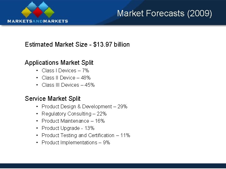 Market Forecasts (2009) Estimated Market Size - $13. 97 billion Applications Market Split •