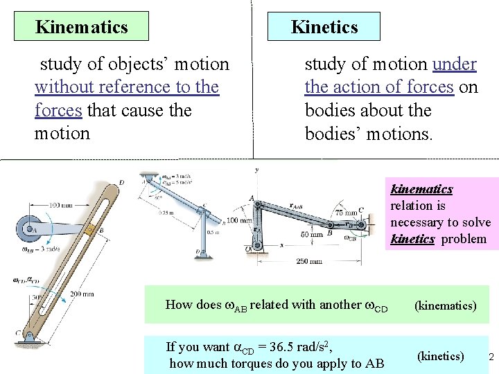 Kinematics Kinetics study of objects’ motion without reference to the forces that cause the