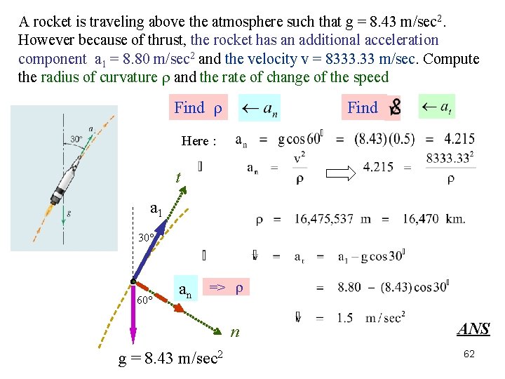 A rocket is traveling above the atmosphere such that g = 8. 43 m/sec