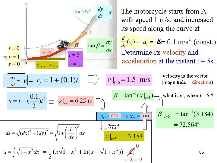 The motorcycle starts from A with speed 1 m/s, and increased its speed along