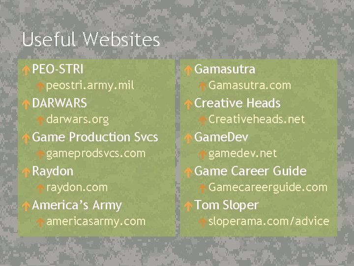 Useful Websites PEO-STRI peostri. army. mil DARWARS darwars. org Game Production Svcs gameprodsvcs. com