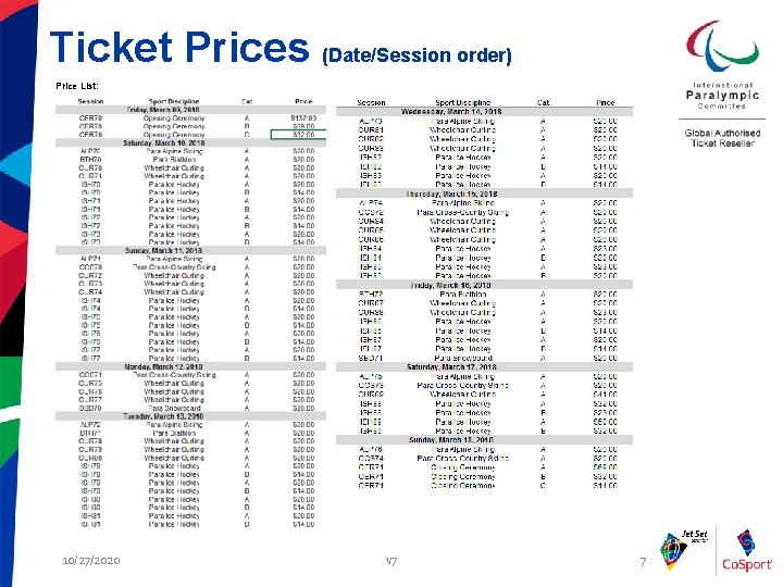 Ticket Prices (Date/Session order) Price List: 10/27/2020 v 7 7 