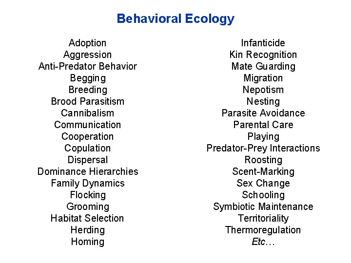 Behavioral Ecology Adoption Aggression Anti-Predator Behavior Begging Breeding Brood Parasitism Cannibalism Communication Cooperation Copulation