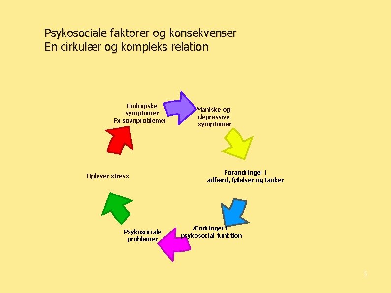 Psykosociale faktorer og konsekvenser En cirkulær og kompleks relation Biologiske symptomer Fx søvnproblemer Oplever