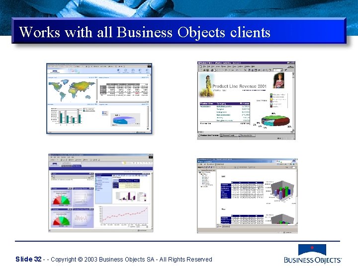 Works with all Business Objects clients Slide 32 - - Copyright © 2003 Business