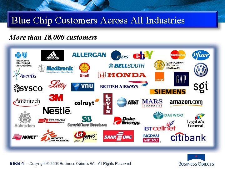 Blue Chip Customers Across All Industries More than 18, 000 customers bank Slide 4