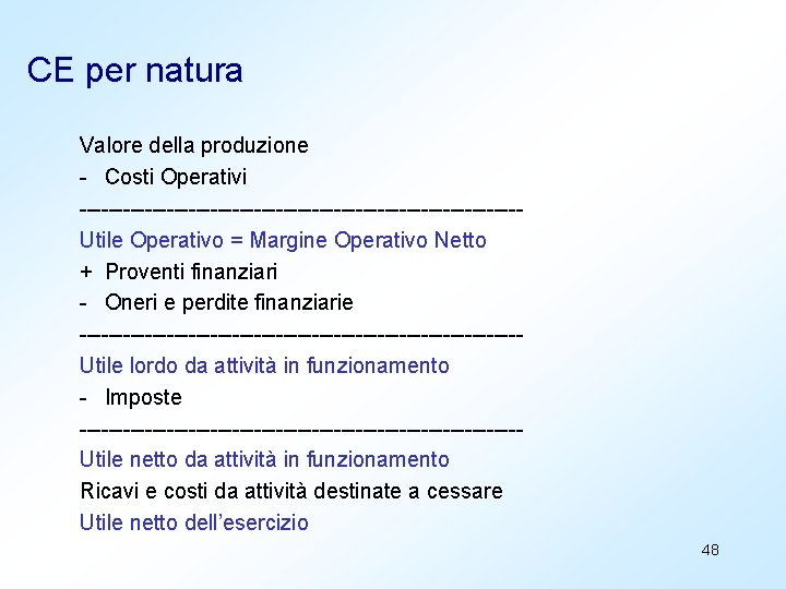 CE per natura Valore della produzione - Costi Operativi ------------------------------Utile Operativo = Margine Operativo