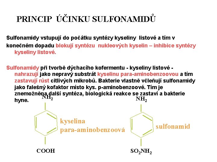 PRINCIP ÚČINKU SULFONAMIDŮ Sulfonamidy vstupují do počátku syntézy kyseliny listové a tím v konečném