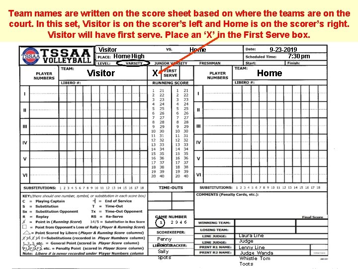 Team names are written on the score sheet based on where the teams are
