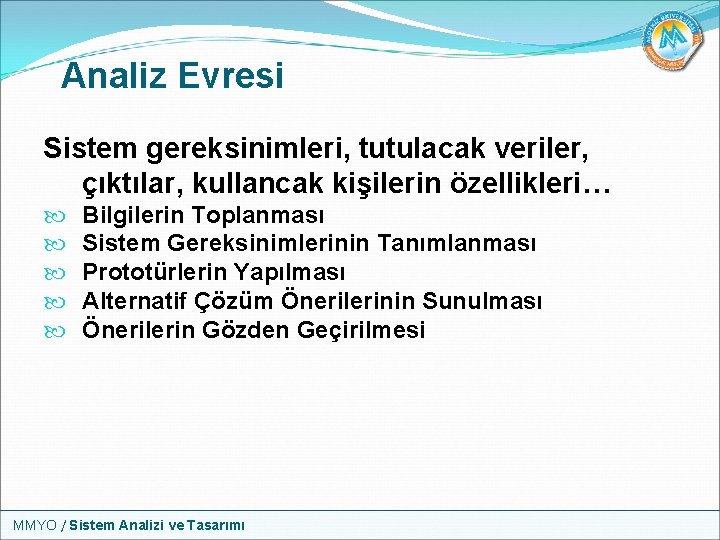 Analiz Evresi Sistem gereksinimleri, tutulacak veriler, çıktılar, kullancak kişilerin özellikleri… Bilgilerin Toplanması Sistem Gereksinimlerinin