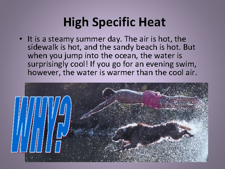 High Specific Heat • It is a steamy summer day. The air is hot,