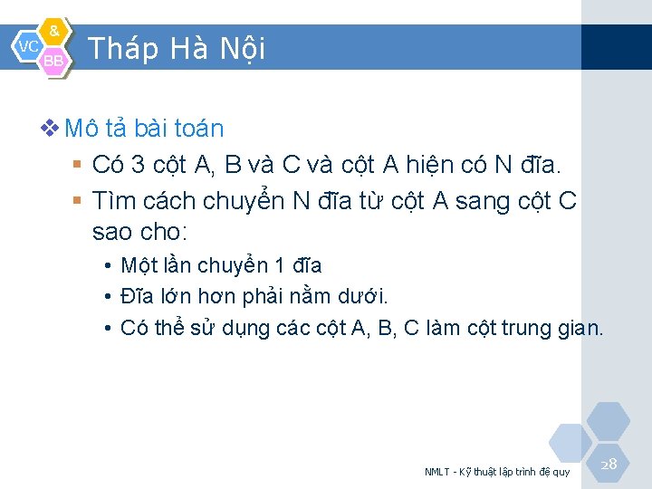 VC & BB Tháp Hà Nội v Mô tả bài toán § Có 3