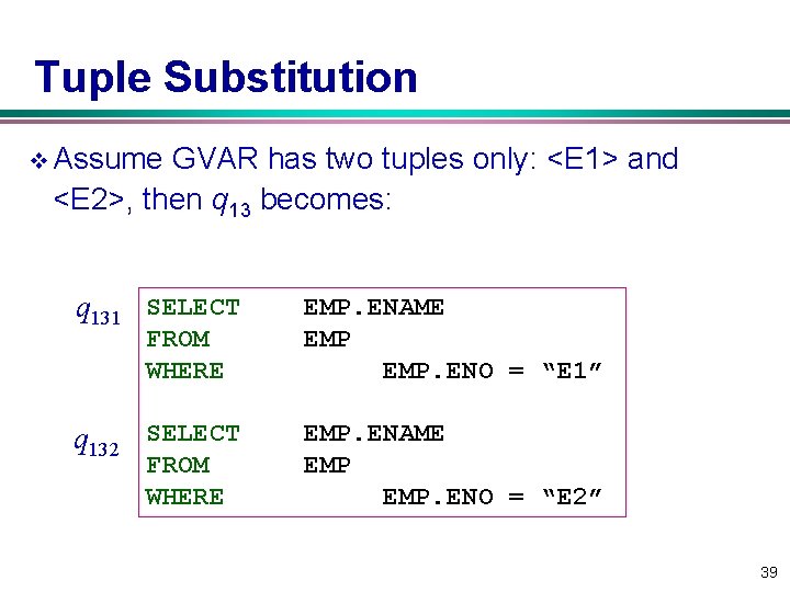Tuple Substitution v Assume GVAR has two tuples only: <E 1> and <E 2>,