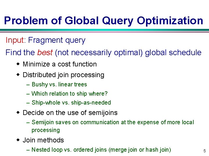 Problem of Global Query Optimization Input: Fragment query Find the best (not necessarily optimal)