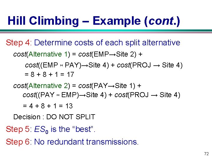 Hill Climbing – Example (cont. ) Step 4: Determine costs of each split alternative