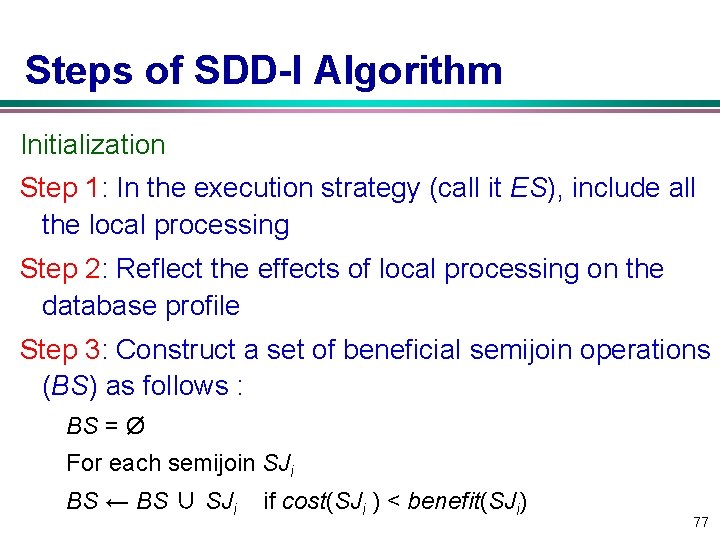 Steps of SDD-I Algorithm Initialization Step 1: In the execution strategy (call it ES),